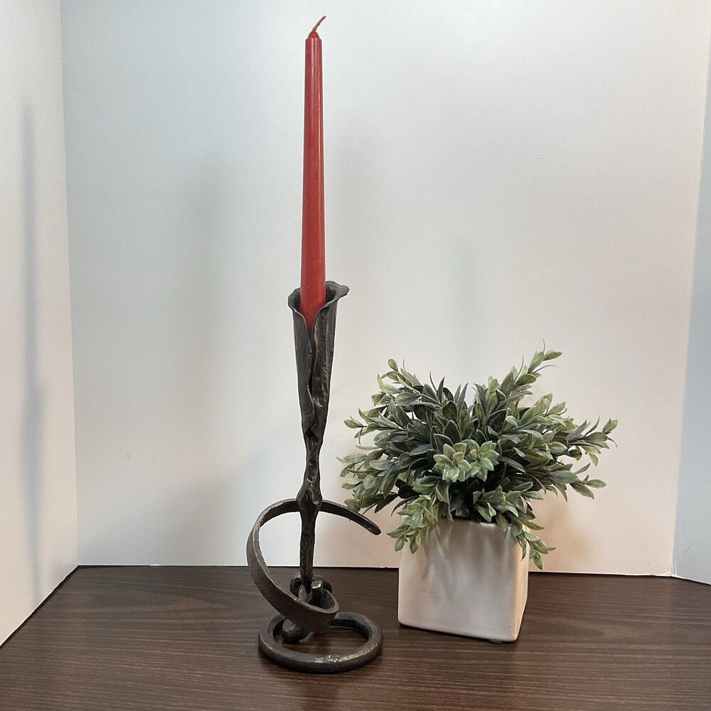Brutalist Calla Lily Candlestick Holder Wrought Iron Rustic Hand Forged 12”